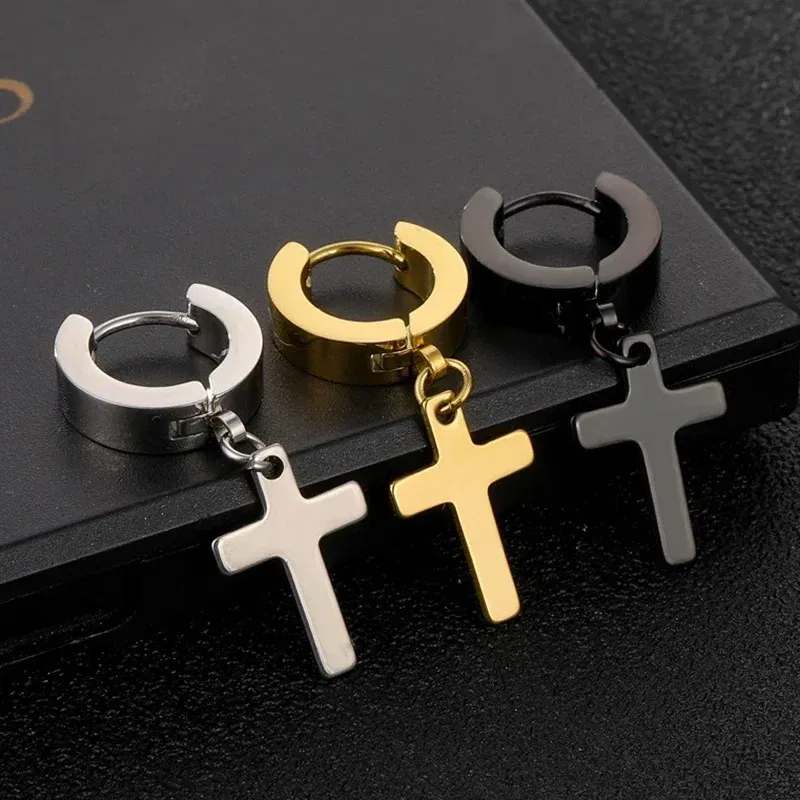 Punk Stainless Steel Cross Pendant Hoop Earrings For Men Women, Huggie Ear Rings Hip Hop Male Jewelry Gift