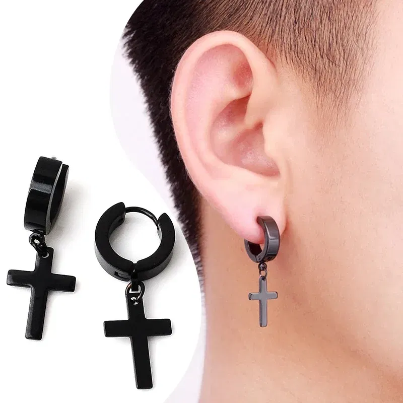 Punk Stainless Steel Cross Pendant Hoop Earrings For Men Women, Huggie Ear Rings Hip Hop Male Jewelry Gift