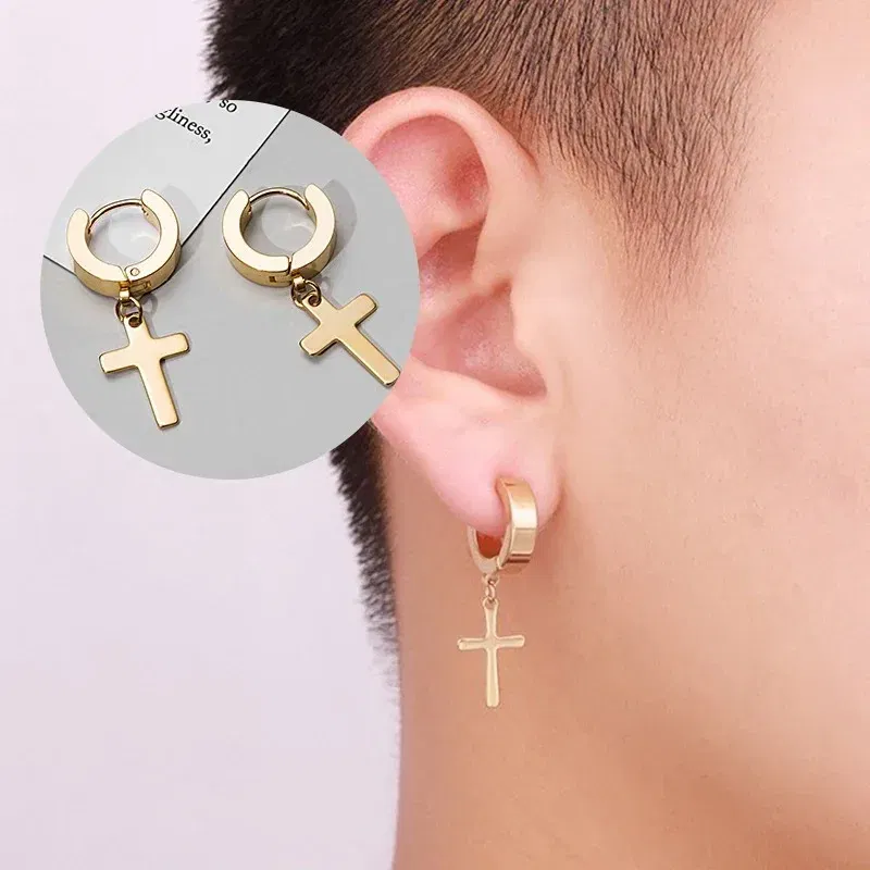 Punk Stainless Steel Cross Pendant Hoop Earrings For Men Women, Huggie Ear Rings Hip Hop Male Jewelry Gift