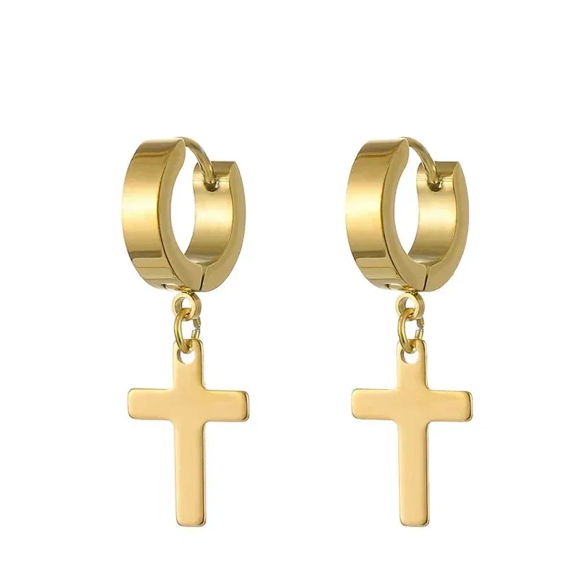Punk Stainless Steel Cross Pendant Hoop Earrings For Men Women, Huggie Ear Rings Hip Hop Male Jewelry Gift