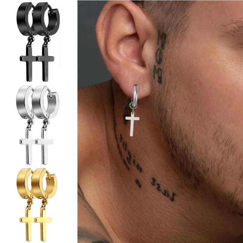Punk Stainless Steel Cross Pendant Hoop Earrings For Men Women, Huggie Ear Rings Hip Hop Male Jewelry Gift