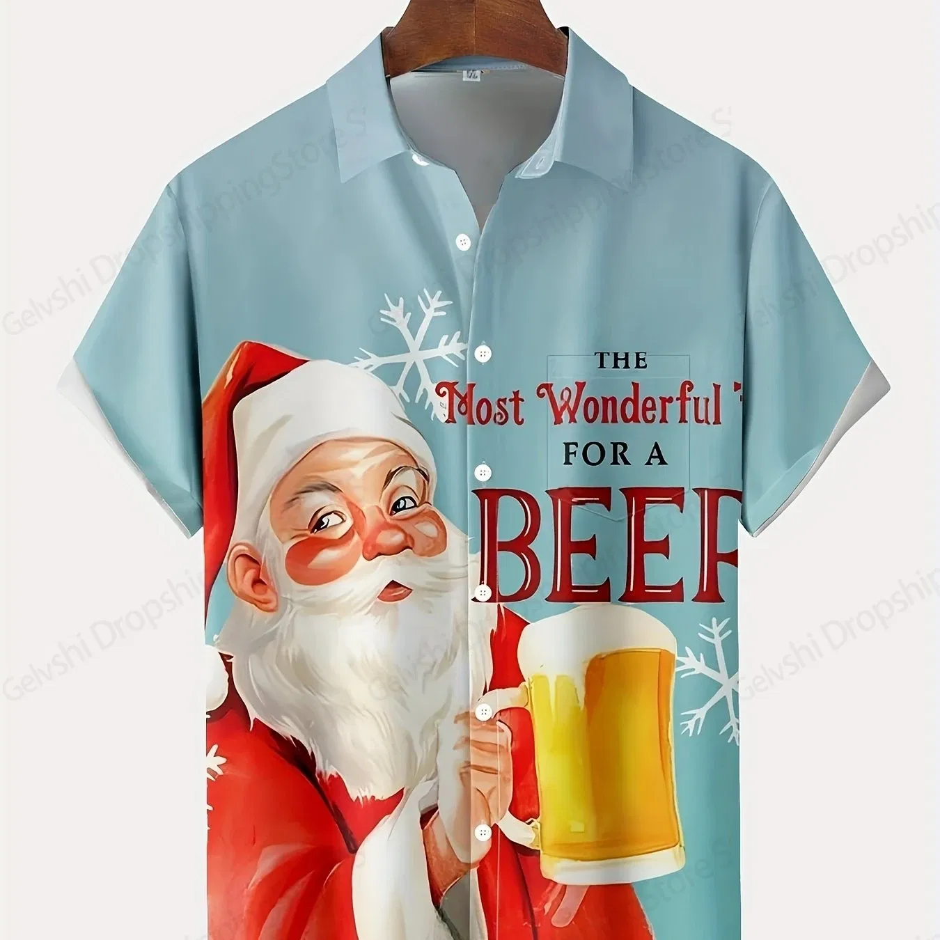 Color: SKY BLUE, Size: XL - Men's Retro Christmas Hawaiian Shirt Men Women Fashion Cartoon Santa Claus Shirts Short Sleeve Blouse Festive Holiday Top Elk