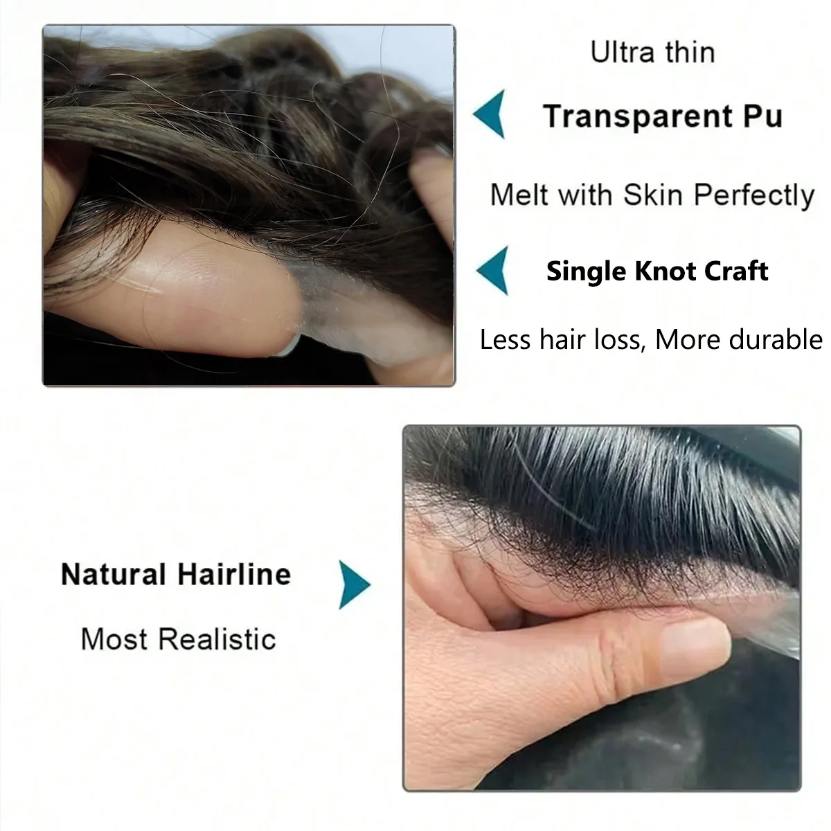 Poly Skin Toupee for Men Human Hair Pieces hair replacement System for Men Thin skin PU hair prosthesis