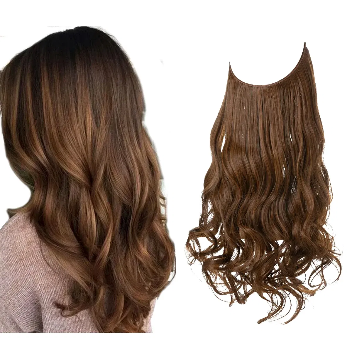 Color: NC/4HL, Stretched Length: 18inches - Synthetic No Clip Wave Hair Extensions Ombre Natural Black Blonde Pink One Piece False Hairpiece Fish Line Fake Hair Piece