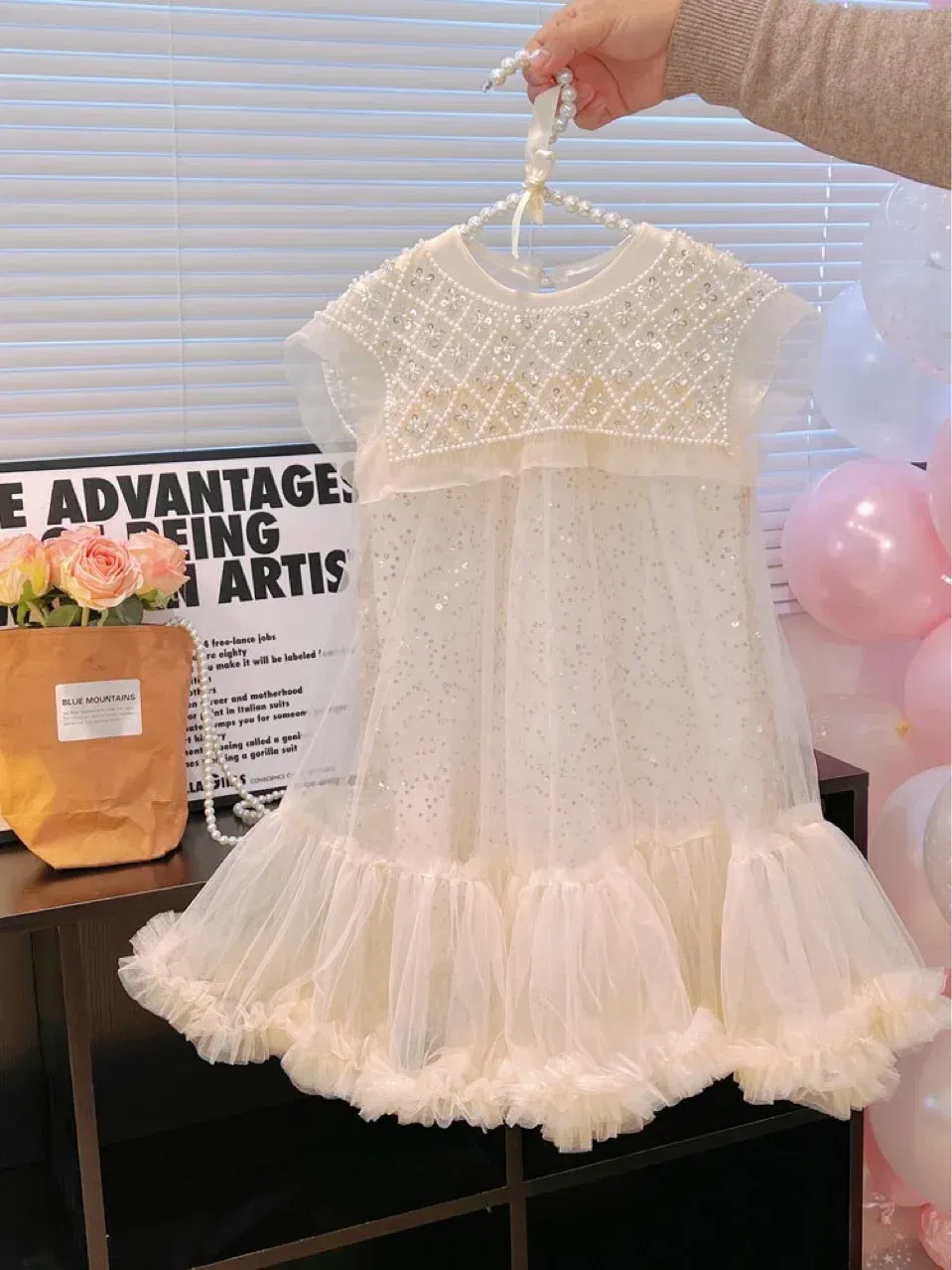 Color: Beige, Kid Size: 3T - Girls' Princess Dress 2023 Spring Summer Children's Wear Korean  Pearl Neck Princess Dress Fashion Yarn Dress