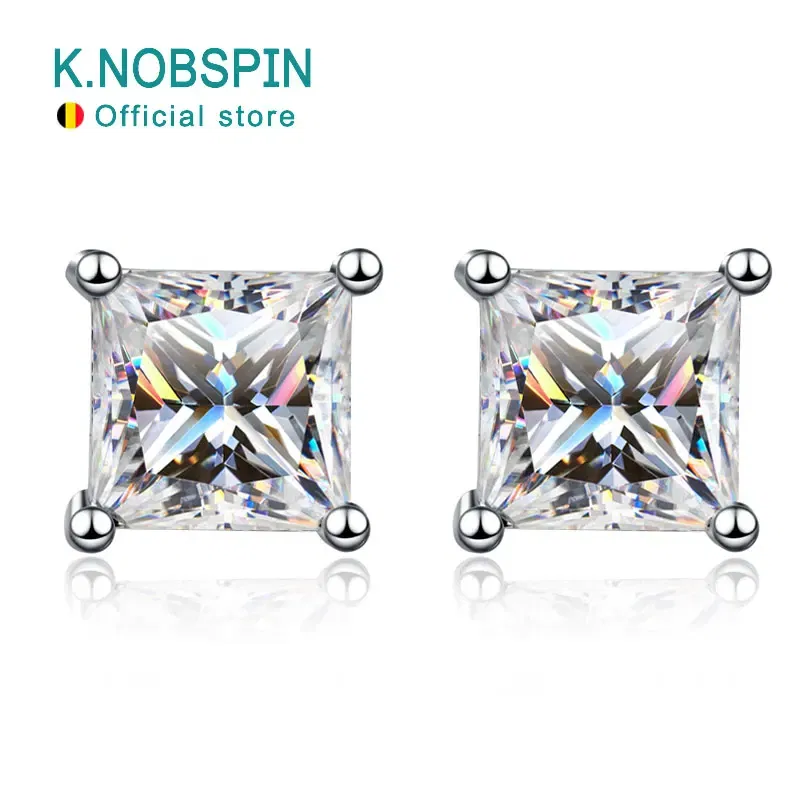 Metal Color: Light Yellow Gold Color - KNOBSPIN D Color Princess Cut Moissanite Earring s925 Sterling Sliver Plated with 18k White Gold Earrings for Women Fine Jewelry