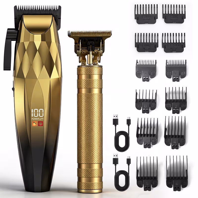 MIGUAN Professional Hair Clipper And Trimmer Set for Men, 2 Pack Golden Barber Kit with 12 Guide Combs