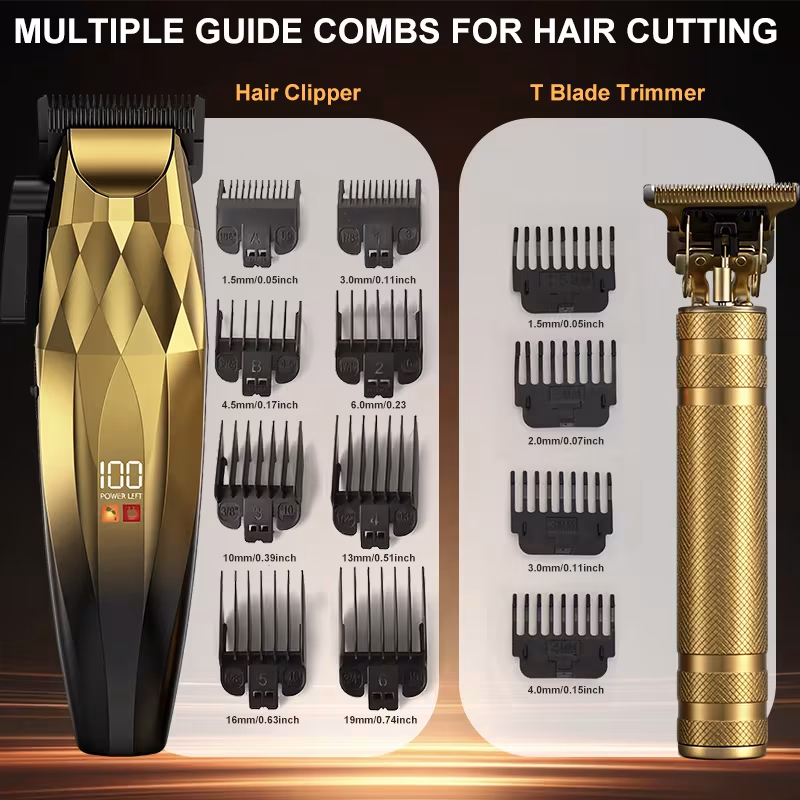 MIGUAN Professional Hair Clipper And Trimmer Set for Men, 2 Pack Golden Barber Kit with 12 Guide Combs