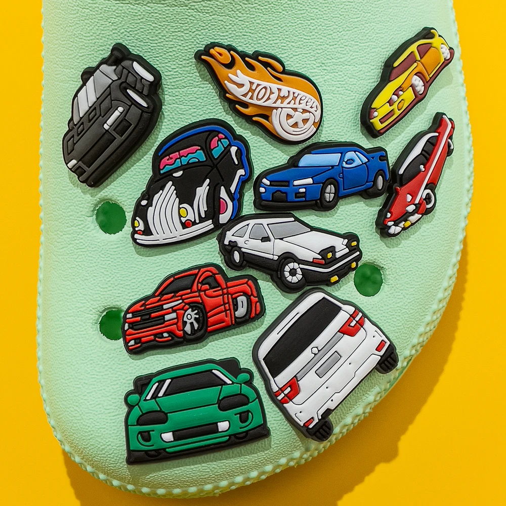 Color: green - 1pcs Clog Charms Cars Cool Roadster SUV PVC Clips Accessories Mini Classic Car Shoe Charms Turbine Clog Pin Kids Gift
