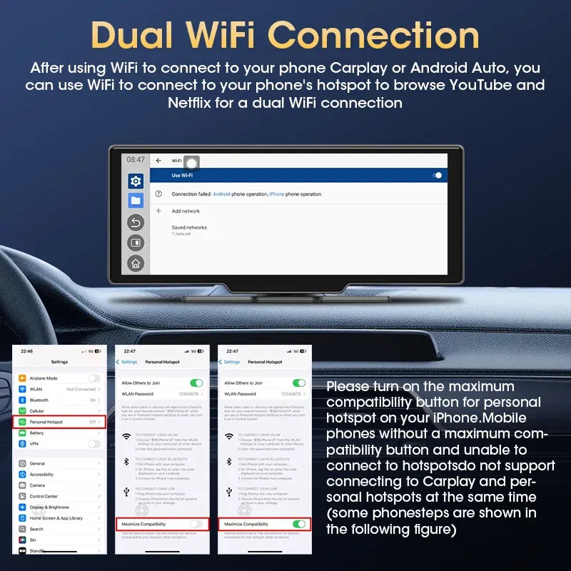 JMCQ Universal 10.26" Android WIFI Car Multimedia Player Bluetooth Wireless Carplay auto Monitor Screen for YouTube for Netflix