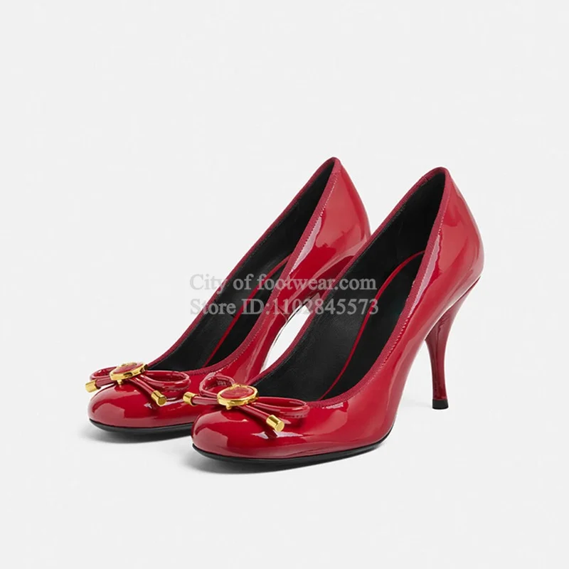 Patentt Leather Bow HIgh Heels Elegant Shallow Round Toe Buckled Pumps Luxury Designer Party Shoes