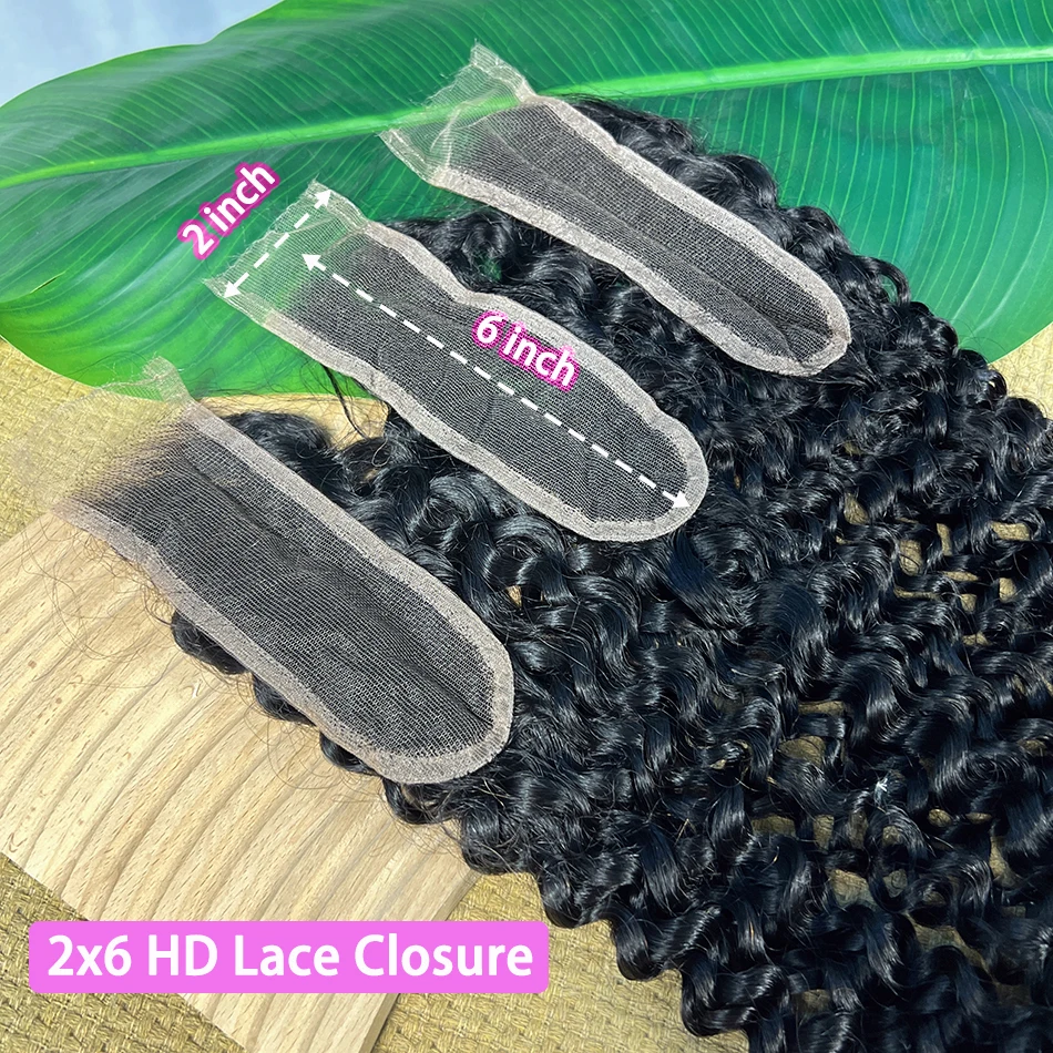 2x6 HD Lace Closure Deep Curly 100% Human Hair Deep Parting Preplucked Bleached Knots Invisible Closure Natural Color For Women
