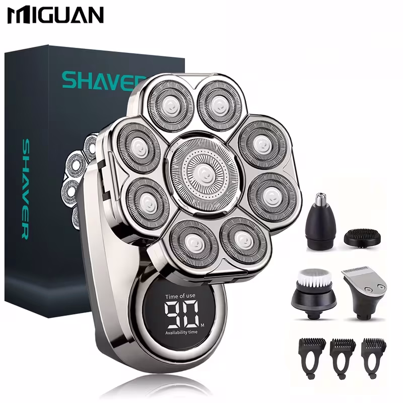 MIGUAN 9-Blade Electric Head Shaver: Cordless Wet/Dry Rotary Razor with Nose Trimmer and Massager Kit
