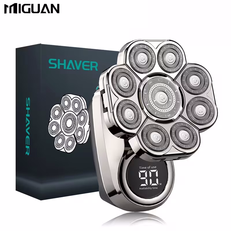 MIGUAN 9-Blade Electric Head Shaver: Cordless Wet/Dry Rotary Razor with Nose Trimmer and Massager Kit