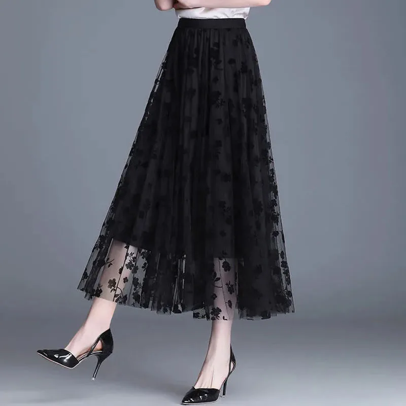 Color: black, Size: L - GIDYQ Korean Women Mesh Skirt Fashion Hook Flower Loose Midi Skirt Elegant Female Casual All Match Skirts Summer New