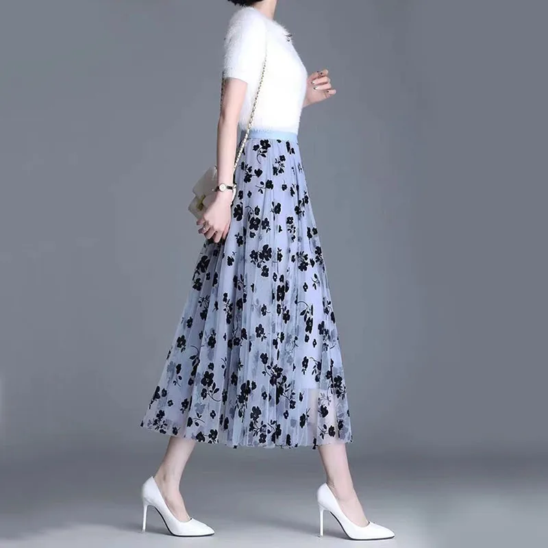 Color: black, Size: L - GIDYQ Korean Women Mesh Skirt Fashion Hook Flower Loose Midi Skirt Elegant Female Casual All Match Skirts Summer New