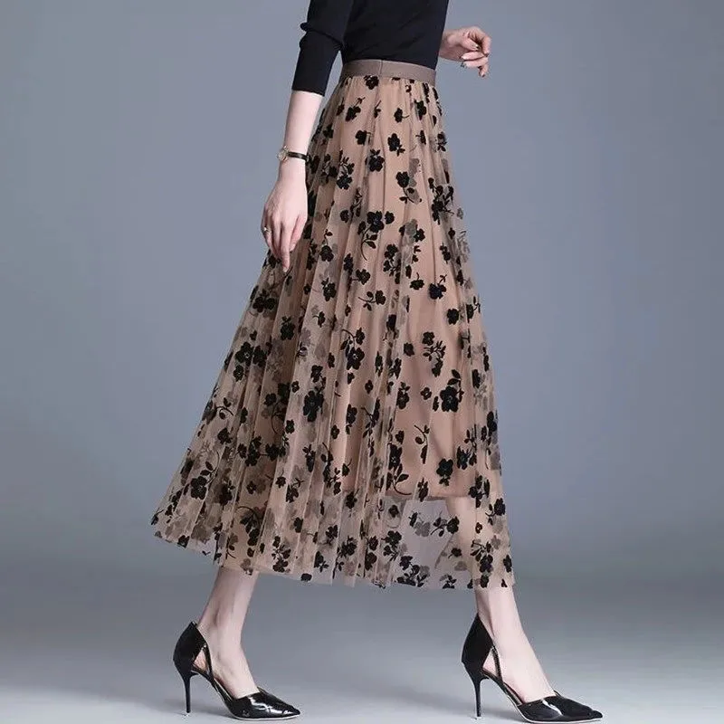 Color: black, Size: L - GIDYQ Korean Women Mesh Skirt Fashion Hook Flower Loose Midi Skirt Elegant Female Casual All Match Skirts Summer New