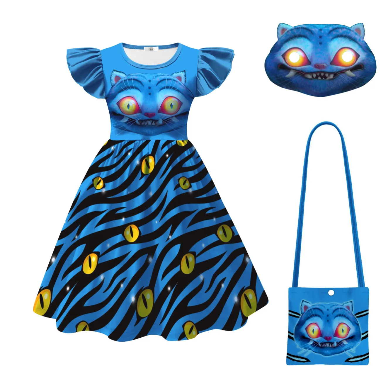 Color: SKY BLUE, Kid Size: 4 - Festival Children Carnival Masquerade Elegant Party Kids Clothes Fashion Girls KPop Demon Hunter Tiger Print Dress for 3-14Years