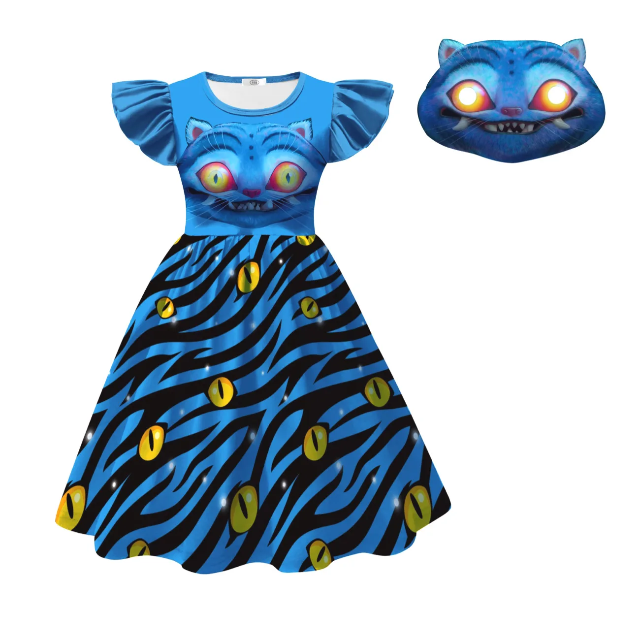 Color: SKY BLUE, Kid Size: 4 - Festival Children Carnival Masquerade Elegant Party Kids Clothes Fashion Girls KPop Demon Hunter Tiger Print Dress for 3-14Years