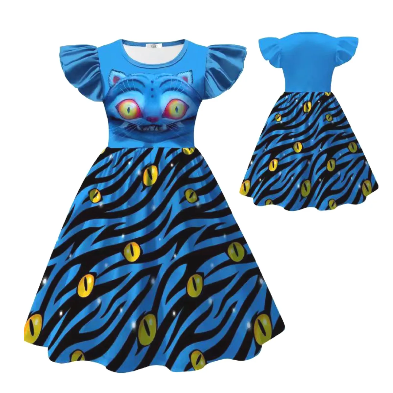 Color: SKY BLUE, Kid Size: 4 - Festival Children Carnival Masquerade Elegant Party Kids Clothes Fashion Girls KPop Demon Hunter Tiger Print Dress for 3-14Years