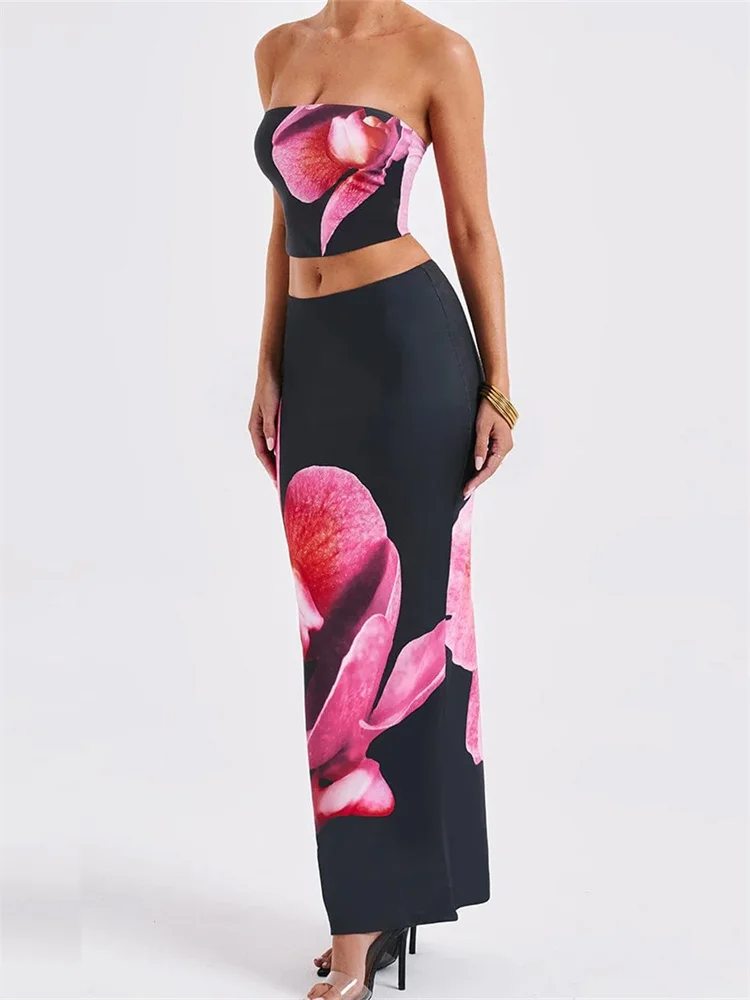 Color: black, Size: L - CHRONSTYLE Sexy Women 2 Pieces Outfits Floral Print Tube Tops and Elastic Waist Bodycon Long Skirts Sets Summer Streetwear 2024