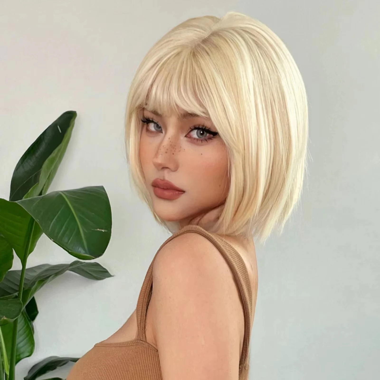 Color: T1B/613, Stretched Length: 12inches - New light gold bob hairstyle synthetic wig for Halloween party cosplay wig for daily use high-temperature hair accessory