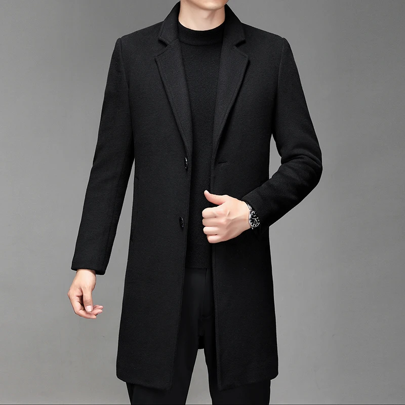 Autumn Winter Mens Wool Coats Mid Long Trench Men Solid Smart Casual Wool Blends Outerwear Turn Down Collar Windbreaker Man