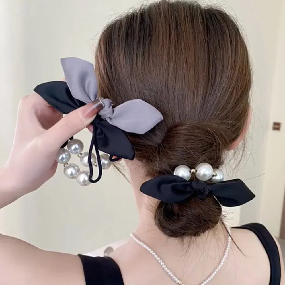 Color: Orange - 2022 Fashion Woman Big Pearl Hair Ties Korean Style Hairband Scrunchies Girls Ponytail Holders Rubber Band Hair Accessories