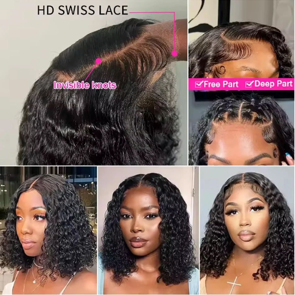 Hair Color: #6, Stretched Length: 12INCHES - 13X4 Glueless Water Wave Wigs Human Hair Pre Cut Bob Wig Ready To Go 180% Density 4x4 Water Wave Lace Closure Wigs Human Hair