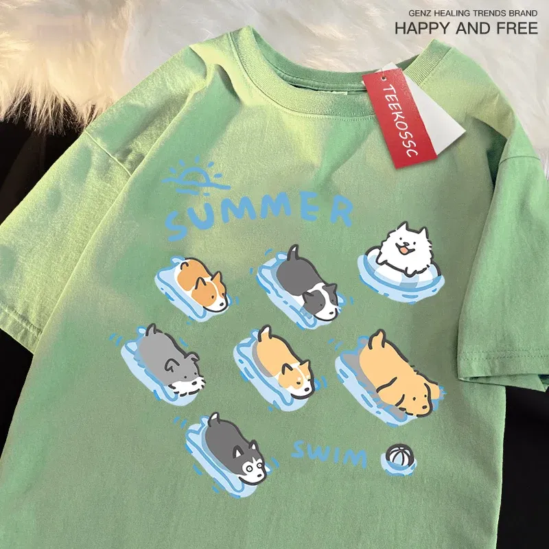 Color: Pink, Size: S - Fun Cat And Dog Swimming Japanese Style T-Shirt Female Casual Loose T-Shirts Summer Cotton Tops Fashion Breathable Tee Clothing