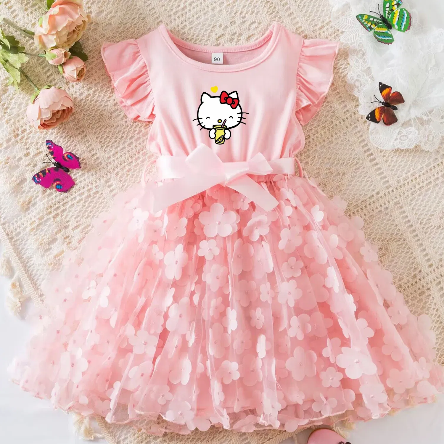 Color: Dark Grey, Size: L - Hello Kitty Summer Dress for Kid's Casual Clothes 3D Butterfly Cute Baby Girls Princess Dress Party Dresses 2-6 Yrs