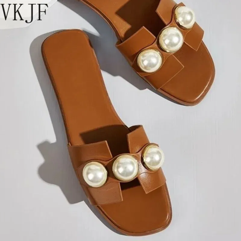 Color: black, Shoe Size: 37 - Slippers Women 2025 New Flat Slippers Party Shoes Fashion Pearl Sandals Slippers Roman Women Flip-Flops Casual Beach Shoes Trend