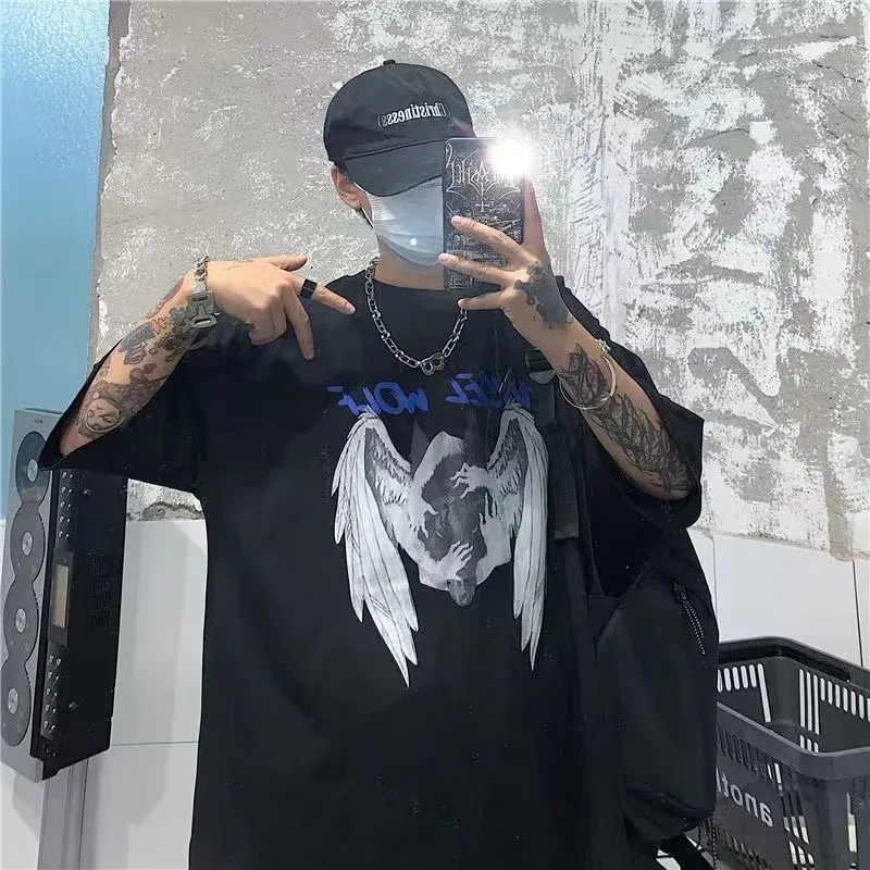 Color: Dark Grey, Size: XL - Men T-shirts 2023 Summer Streetwear High Street Gothic Skull Tshirt Loose Oversized Short-sleeved T shirt Dark Anime Men Y2k Top
