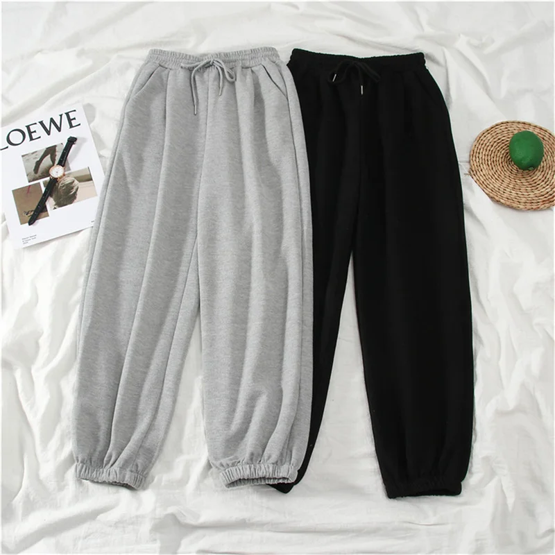 Color: Beige, Size: M - Gray women Sweatpants Autumn New Baggy Fashion Oversize Sports Pants Black winter thick Joggers Streetwear Trousers