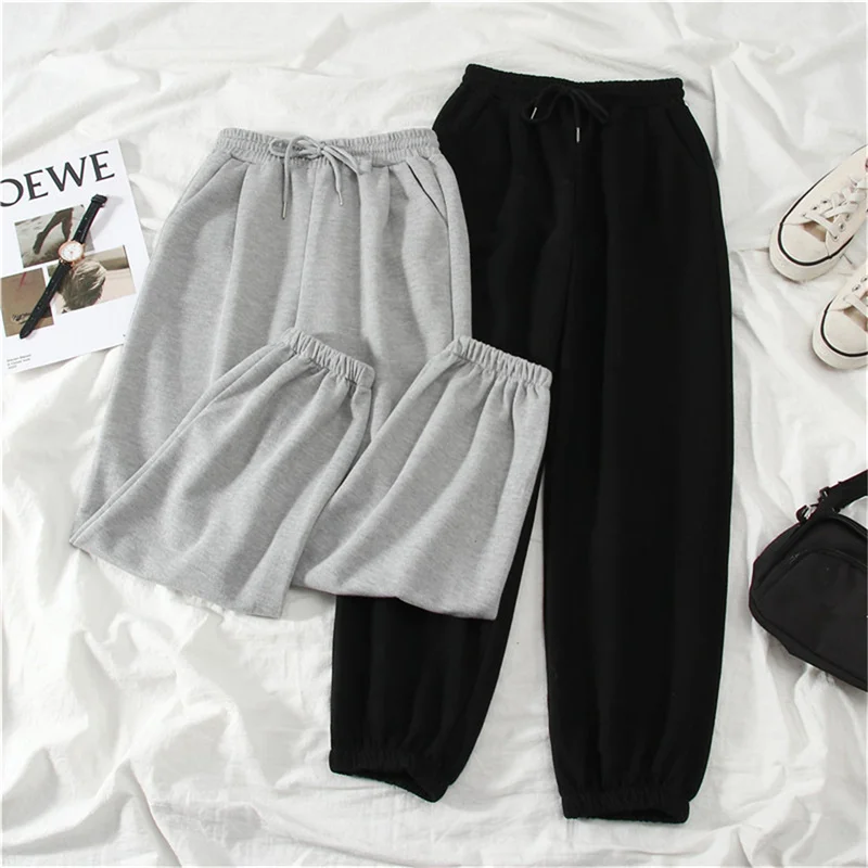 Color: Beige, Size: M - Gray women Sweatpants Autumn New Baggy Fashion Oversize Sports Pants Black winter thick Joggers Streetwear Trousers