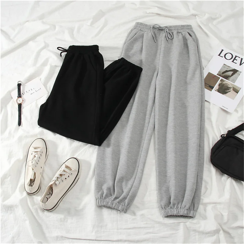 Color: Beige, Size: M - Gray women Sweatpants Autumn New Baggy Fashion Oversize Sports Pants Black winter thick Joggers Streetwear Trousers