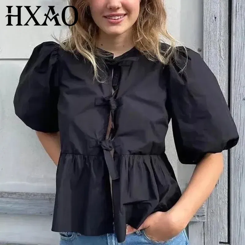 Color: WHITE, Size: XS - HXAO Woman 2024 Blouse Puff Sleeve Cropped White Blouse For Women Pleated Cut Out Black Blouse With Tied Leopard Print Top