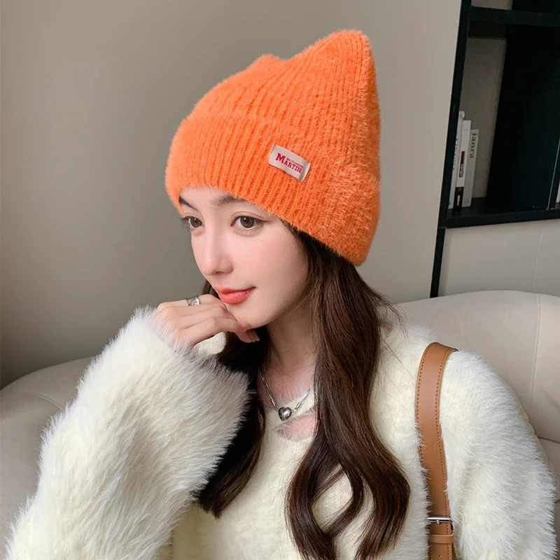 Color: Navy Blue, Size: One Size - New Women Cute Cat Ear Earflap Winter Hat Fashion Faux Fur Knitted Hat Kpop Style Soft Beanie Hats Candy Female Streetwear Cap