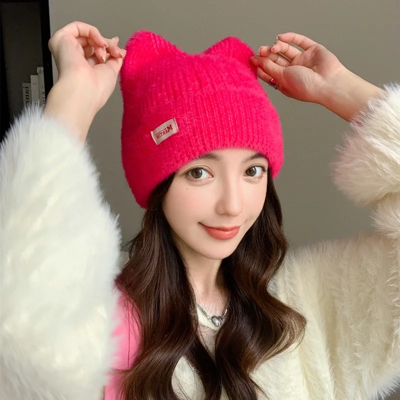 Color: Navy Blue, Size: One Size - New Women Cute Cat Ear Earflap Winter Hat Fashion Faux Fur Knitted Hat Kpop Style Soft Beanie Hats Candy Female Streetwear Cap
