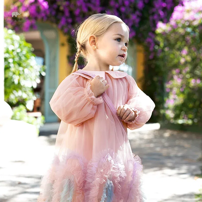 Color: Pink, Kid Size: 7 - Dave Bella Princess Dress for Girls Children Baby 2024 New Spring Noble Charm Sweet Classy Lovely Mesh Fashion Party DB1248276