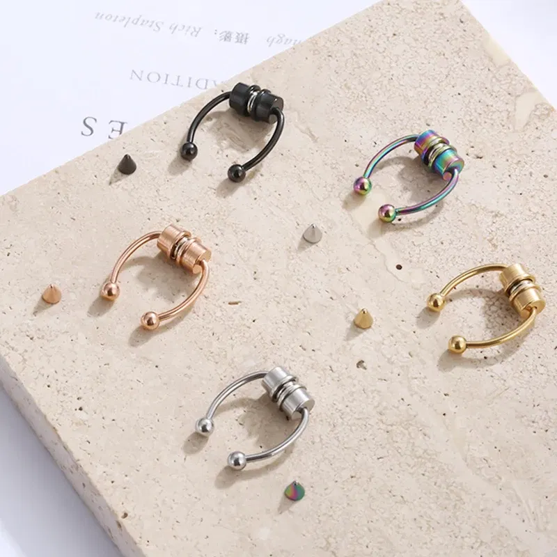 Metal color: Titanium Plated - Women Fake Piercing Nose Ring Hoop Septum Non Piercing Nose Clip Rock HipHoop Stainless Steel Magnet Fashion Punk Body Jewelry