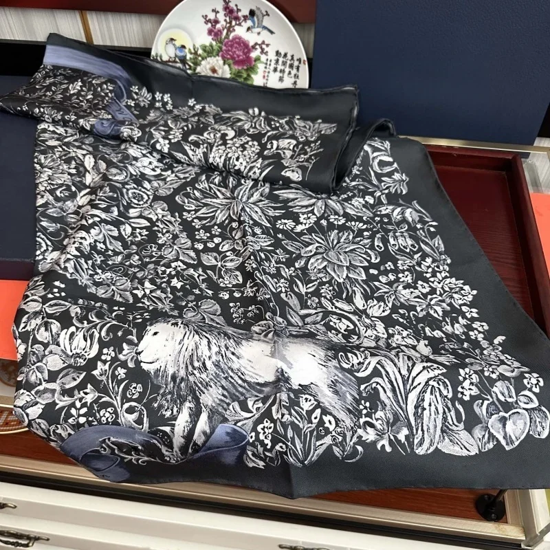 Color: black - 2025 New Real Silk Jacquard Shawl Scarf Double-sided Large Square Scarf All Seasons Men Women Suitable Light Luxury Gift