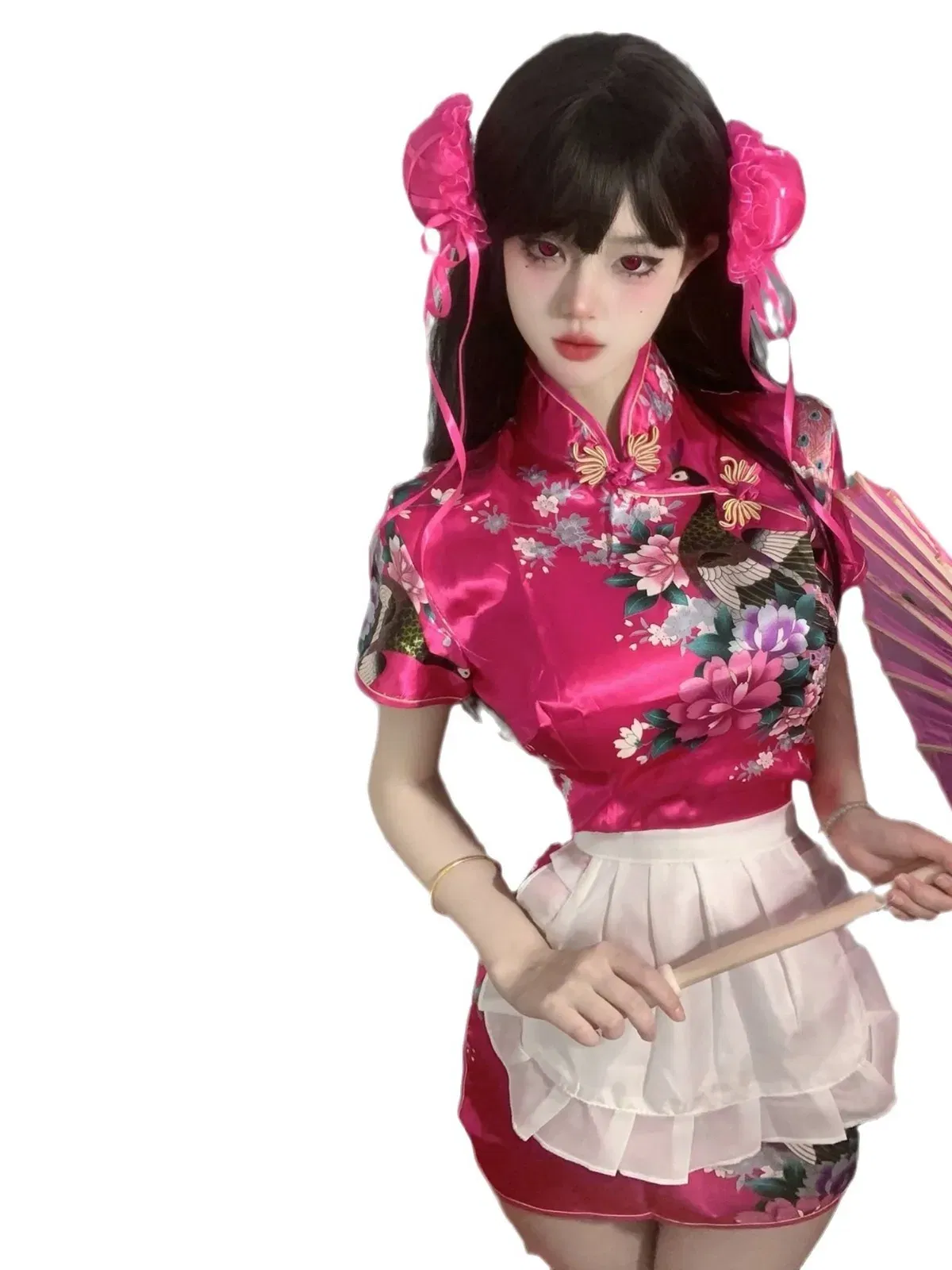 Size: S, Color: Beige - Sweet Chinese Cheongsam New Soft Girl Maid Cos Dress Elegant Pure Desire Girl Fashion Mini Dress Short Sleeve 2024 New 7AQF