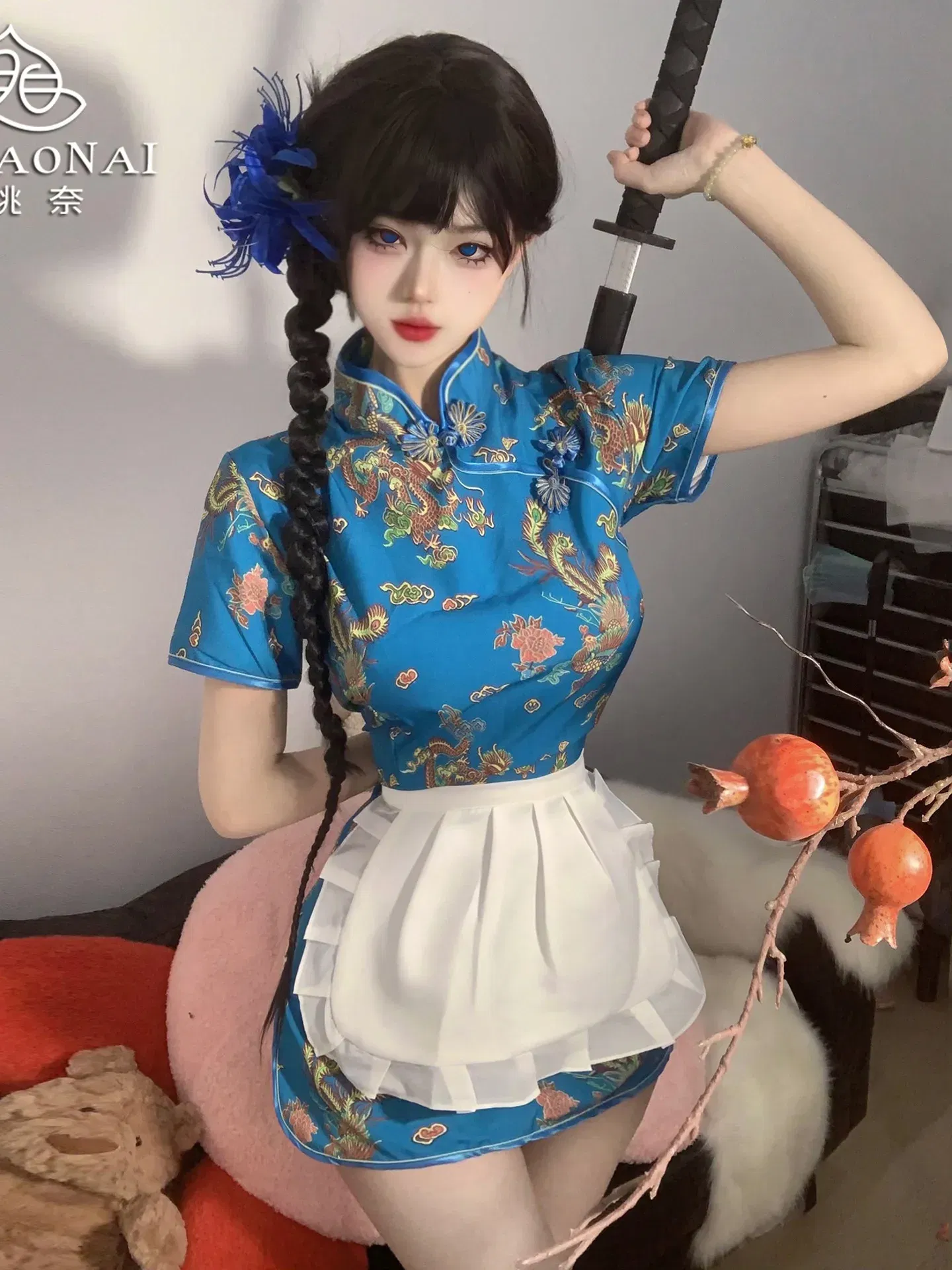 Size: S, Color: Beige - Sweet Chinese Cheongsam New Soft Girl Maid Cos Dress Elegant Pure Desire Girl Fashion Mini Dress Short Sleeve 2024 New 7AQF