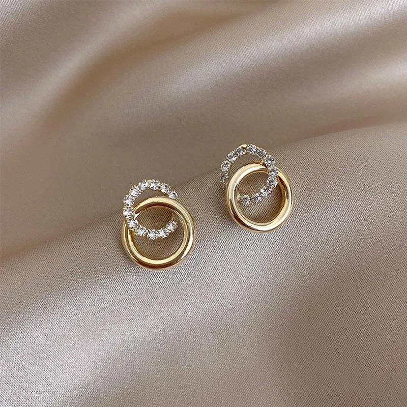 Metal Color: Hot Stamping - 2023 Korean Simple Double Circle Gold Color Metal crystal Stud Earrings For Women Fashion Exquisite Jewelry Best Friend Gifts