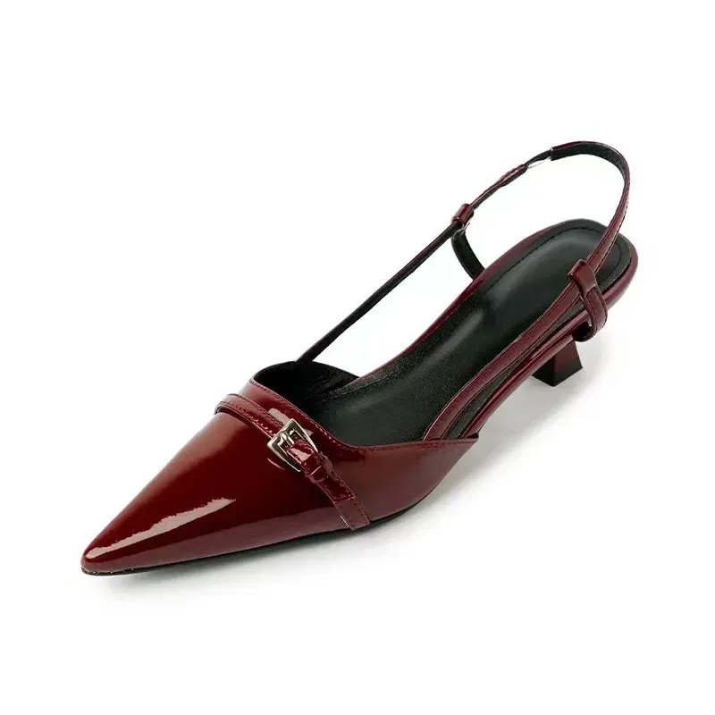 Color: black, Shoe Size: 35 - 2024 New Summer Women's Dress Shoes Patent Leather Slip on Pointed Toe Sandals Buckle Slingbacks Mid Heels Pumps Sandalias Mujer