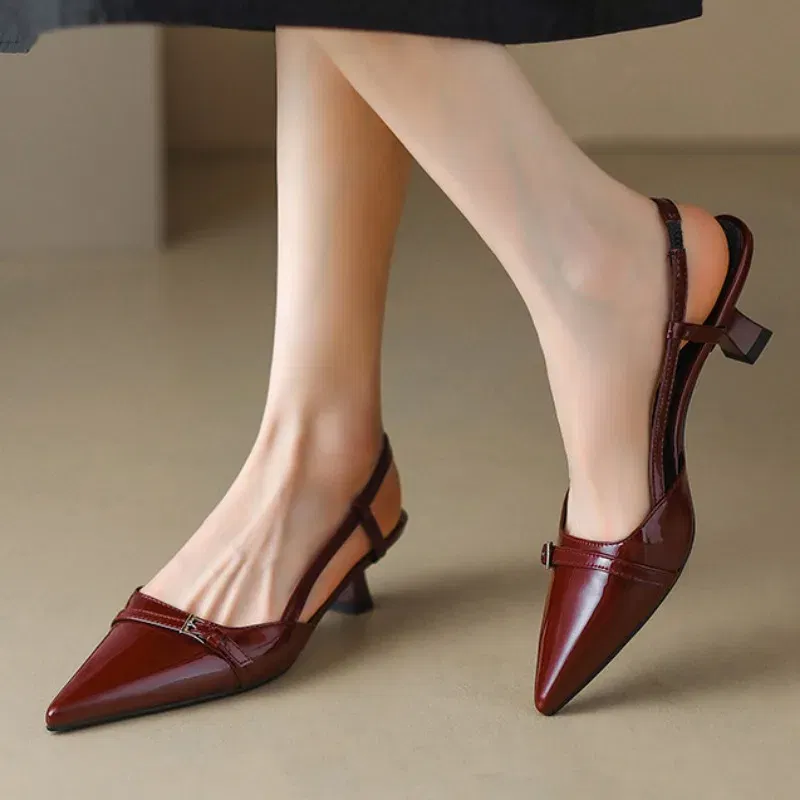 Color: black, Shoe Size: 35 - 2024 New Summer Women's Dress Shoes Patent Leather Slip on Pointed Toe Sandals Buckle Slingbacks Mid Heels Pumps Sandalias Mujer