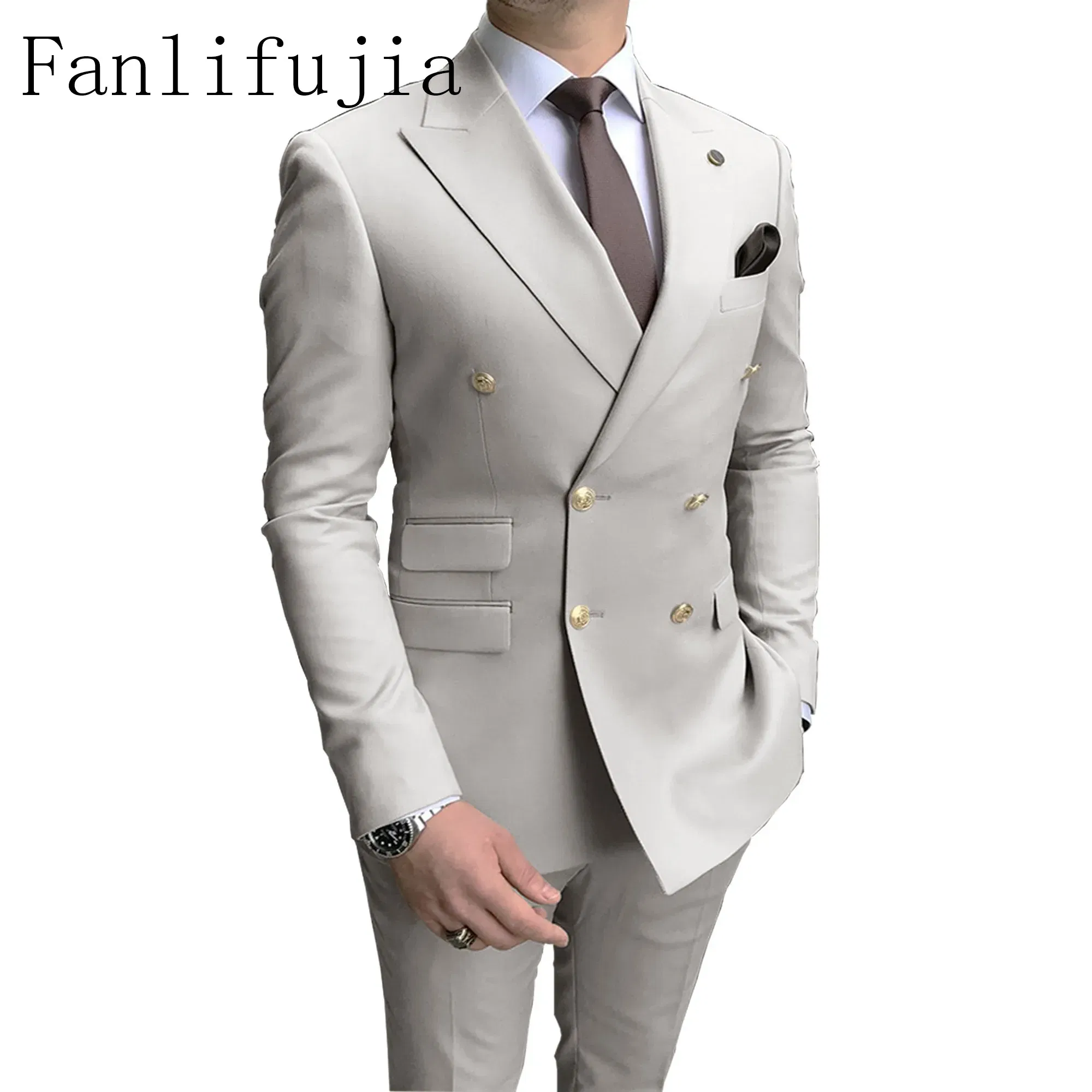 Color: GRAY, Size: XXXL - Fanlifujia Store 2024 Casual Sky Blue Men Suits Double Brested Peak Lapel  Gold Button Groom Wedding Tuxedos Best Costume Homme