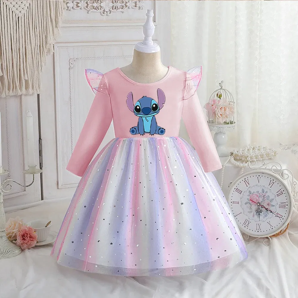 Color: GRAY, Kid Size: 6 - Stitch Princess Dress Autumn New Disney Baby Girls Dress Spring Autumn Long-sleeved For Children Kids Clothes Birthday Party