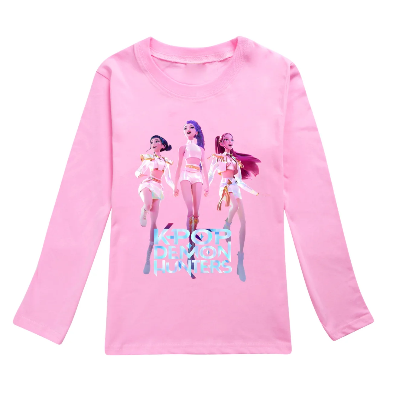 Color: Khaki, Kid Size: 4T - KPop Demon Hunters Huntrix Tshirt Kids Clothes Teenage Boys O-Neck Cartoon Casual T-shirts Girls Long Sleeve Tops Child Clothing